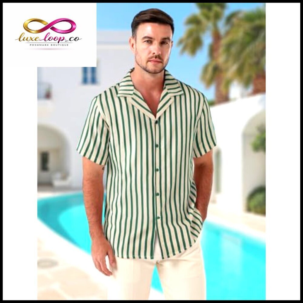 Classic Striped Seersucker Cuban Collar Shirt Short Sleeve Button Down - Picture 3 of 7